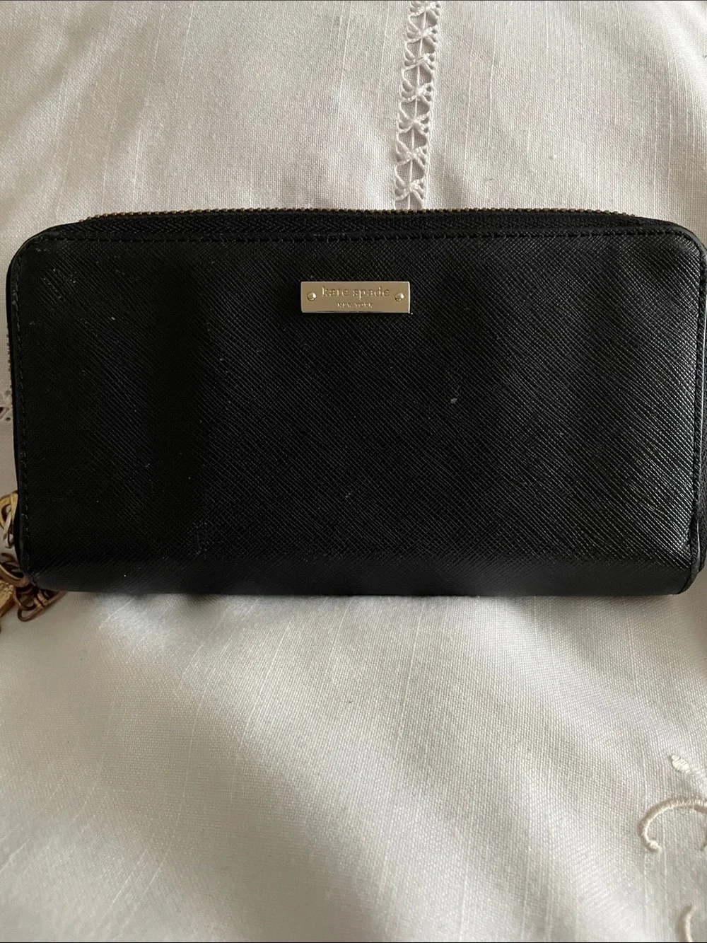 kate spade Black Leather Zip Around Wallet with Gold Plaque